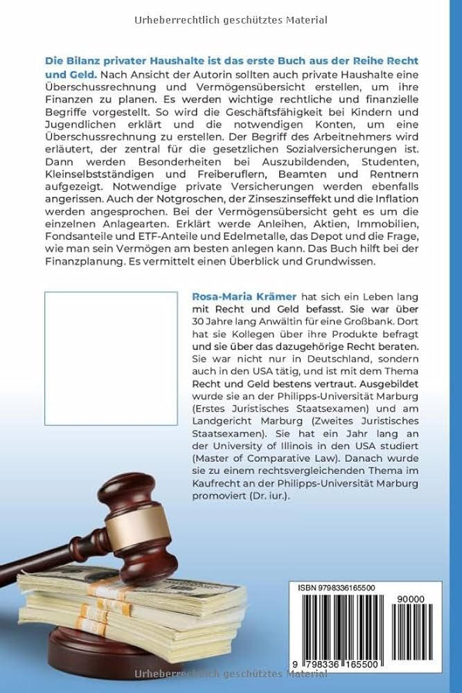 Rückseite des 1ten Buches von Rosa-Maria Krämer zum Thema Recht und Geld "Die Bilnz privater Haushalte"